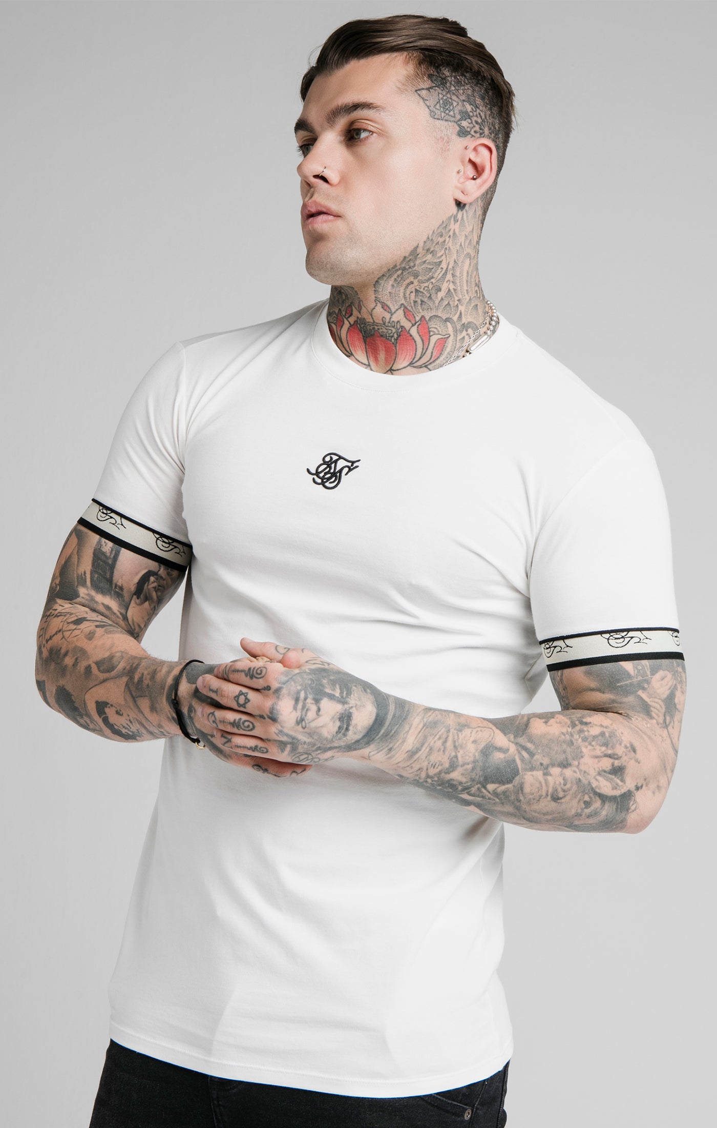 Load image into Gallery viewer, SikSilk S/S Premium Tape Gym Tee - Off White &amp; Black