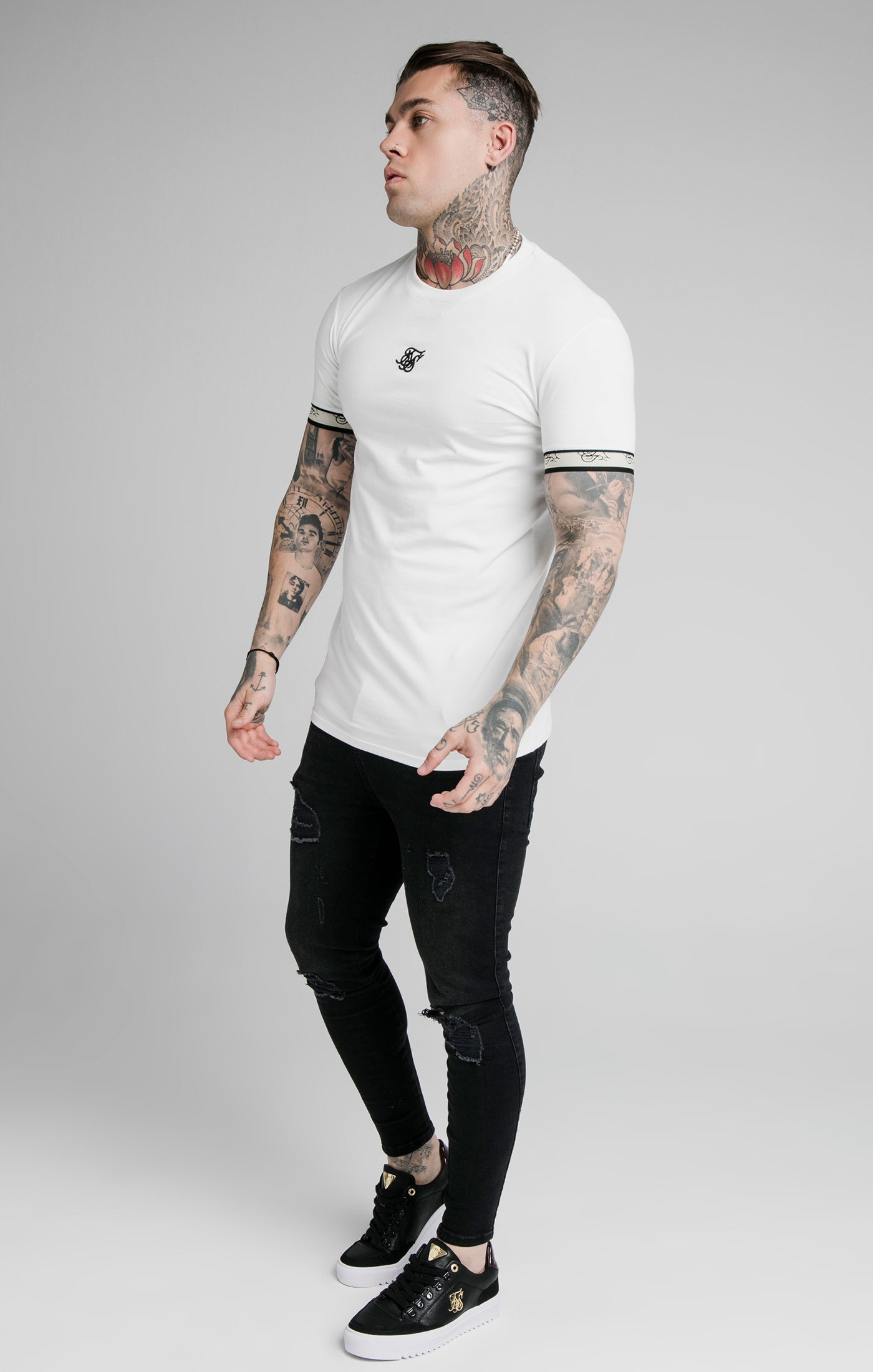 Load image into Gallery viewer, SikSilk S/S Premium Tape Gym Tee - Off White &amp; Black (3)