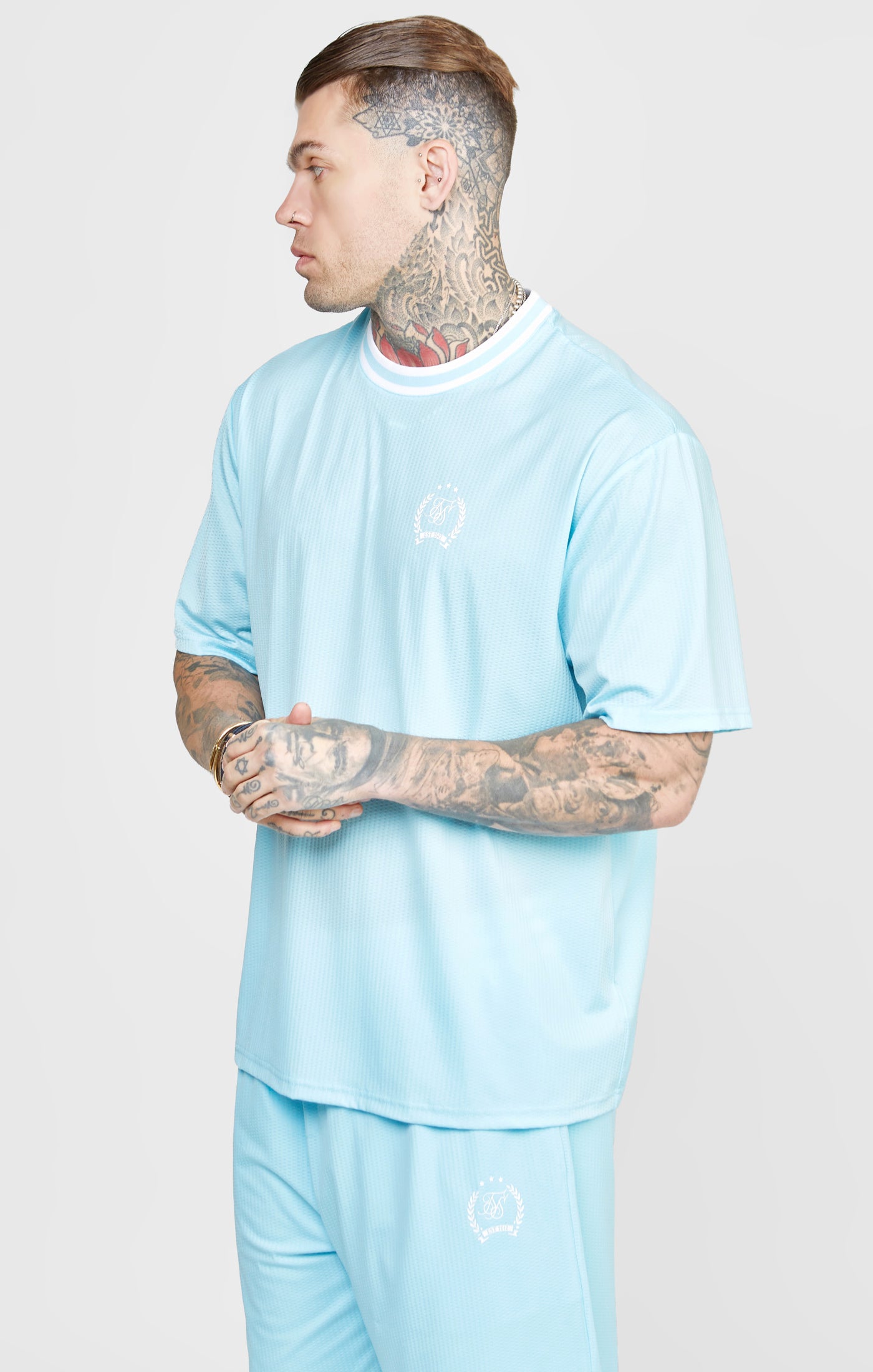 Load image into Gallery viewer, Blue Mesh Drop Shoulder Tee