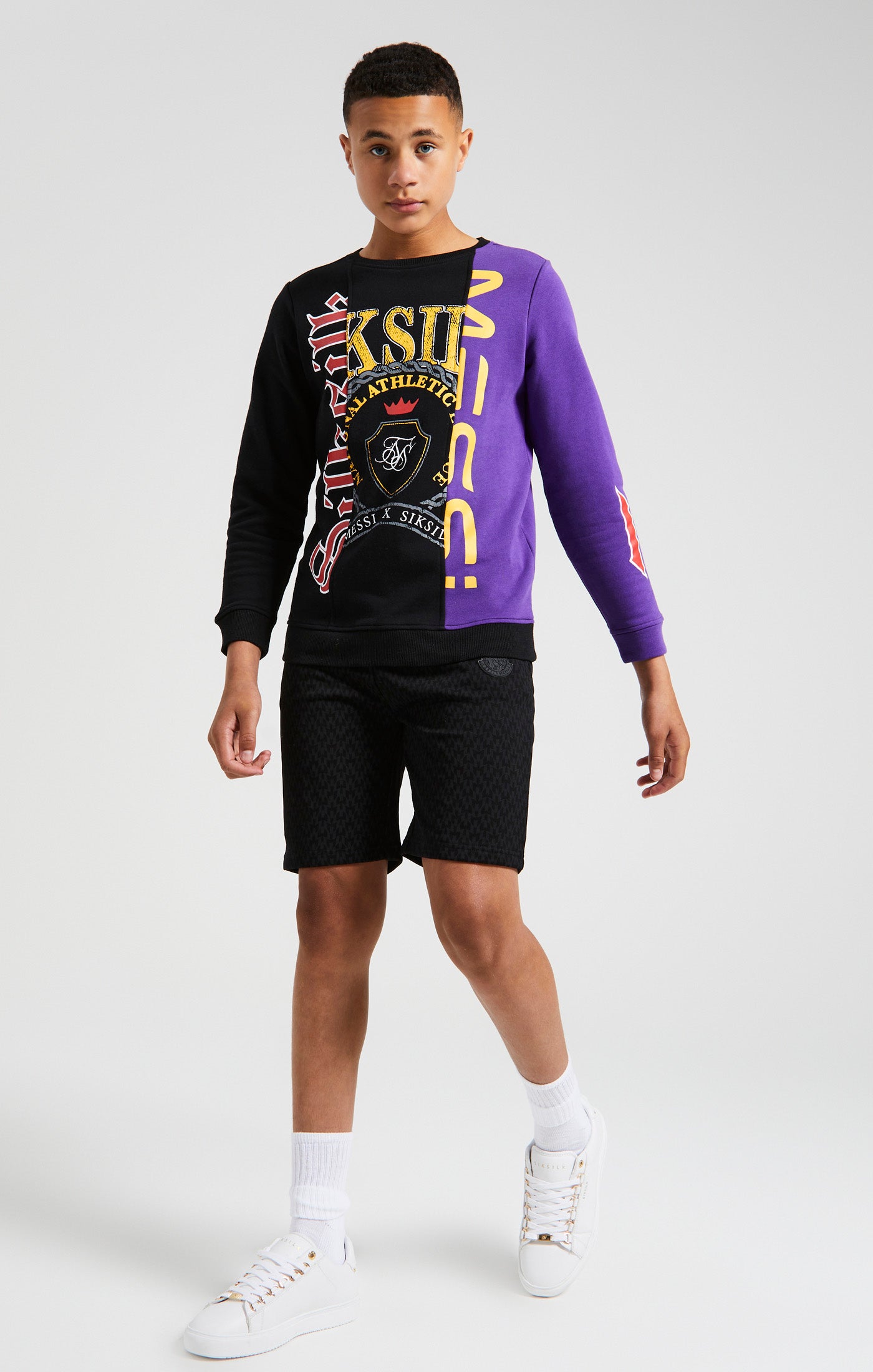 Load image into Gallery viewer, Messi x SikSilk Retro Varsity Crew Sweater - Black &amp; Purple (3)