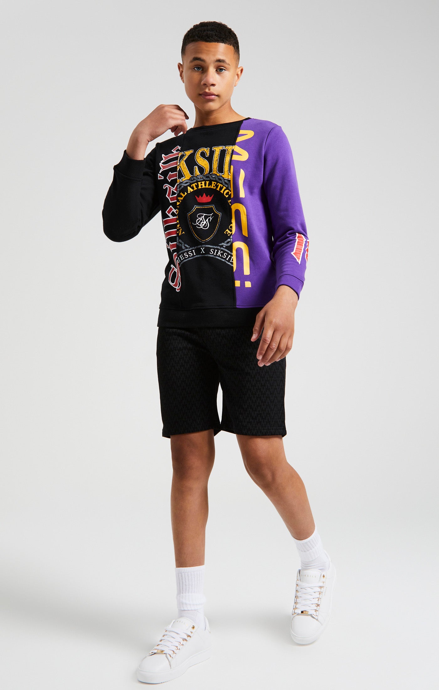 Load image into Gallery viewer, Messi x SikSilk Retro Varsity Crew Sweater - Black &amp; Purple (4)