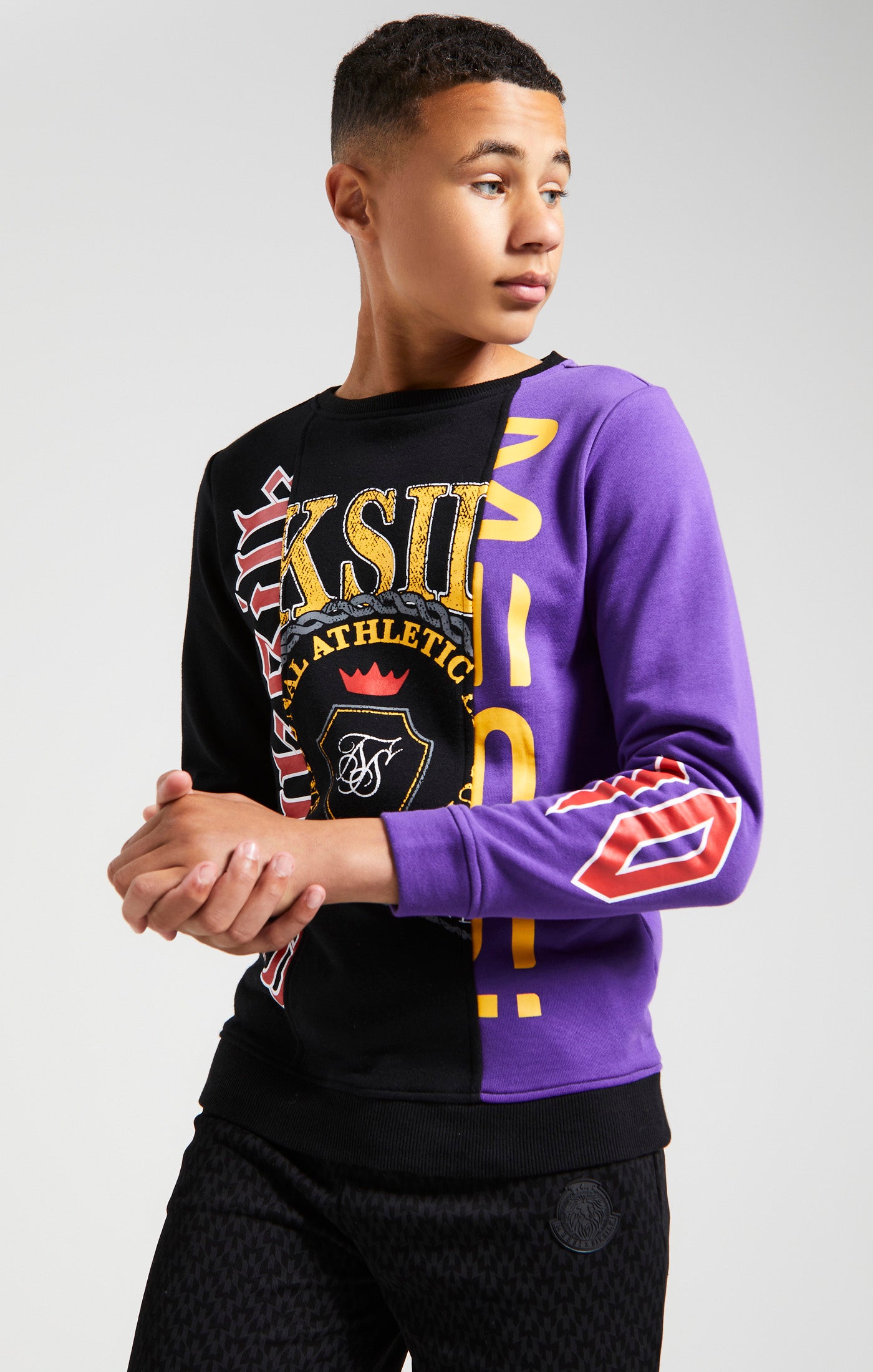 Load image into Gallery viewer, Messi x SikSilk Retro Varsity Crew Sweater - Black &amp; Purple (2)