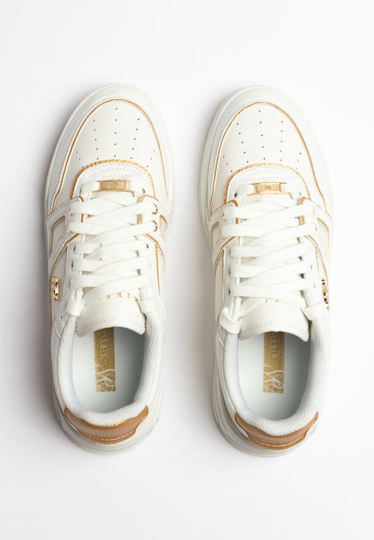 White And Gold Trimmed Low Top Court Trainer